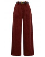 Sturdy Corduroy Belted Straight-Leg Pants in Burgundy