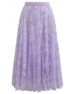 3D Posy Double-Layered Mesh Midi Skirt in Lavender