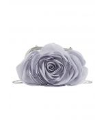 3D Rose Petal Satin Clutch in Silver