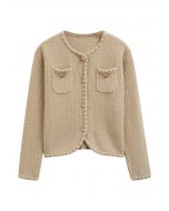 Gleaming Fringe Trim Buttoned Knit Cardigan in Camel