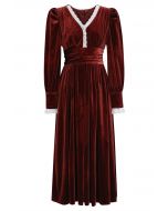 V-Neck Eyelet Embroidery Velvet Midi Dress in Burgundy