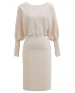 Batwing Sleeves Cinched Waist Knit Dress in Cream