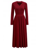 V-Shape Cutout Faux-Wrap Knit Midi Dress in Red