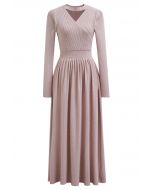 V-Shape Cutout Faux-Wrap Knit Midi Dress in Light Pink