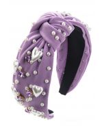 Heart Rhinestone Pearl Knotted Headband in Purple