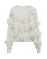 3D Pearl Mesh Flower Embellished Knit Top in White