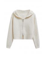 Double-Zip Hooded Crop Knit Cardigan in Ivory