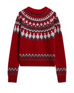 Nordic-Inspired Fair Isle Knit Sweater in Red