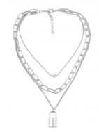 Lock Chain Pendant Layered Necklace in Silver