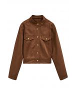 Snap Button Faux Suede Jacket in Brown