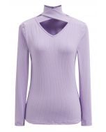 Crisscross Cutout Neckline Long Sleeve Top in Lilac