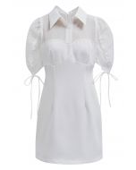 Drawstring Sleeve Collared Spliced Mini Dress in White