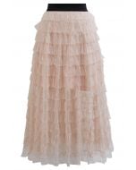 Abstract Metallic Tiered Mesh Midi Skirt in Light Pink