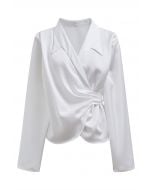 Pointed Collar Self-Tie Wrap Satin Shirt in White