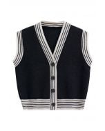 Contrast Striped Edge V-Neck Buttoned Knit Vest in Black