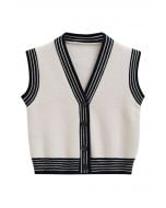 Contrast Striped Edge V-Neck Buttoned Knit Vest in Ivory