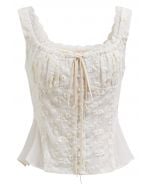 Floret Embroidered Drawstring Crop Buttoned Top