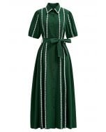 Crochet Stripe Collared Tie-Sash Buttoned Maxi Dress in Dark Green