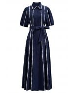 Crochet Stripe Collared Tie-Sash Buttoned Maxi Dress in Navy