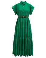 Collared Eyelet Embroidery Buttoned Midi Dress in Green