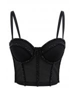 Crystal Embellished Bustier Mesh Crop Top in Black