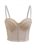 Crystal Embellished Bustier Mesh Crop Top in Apricot