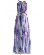 水彩印花細繩綁帶長裙-淡紫色