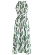 棕櫚葉露肩領長連衣裙--綠色