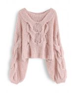 手工編織泡泡袖毛衣--粉色