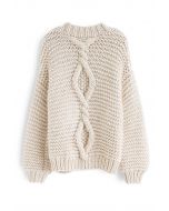 Hand Knit Cable Chunky Cardigan in Cream