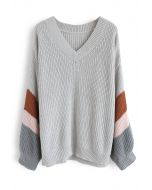 V-Neck Color Blocked Sleeves Knit Sweater in Grey
