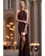 Halter Neck Cutout Sequined Slit Mermaid Gown in Burgundy