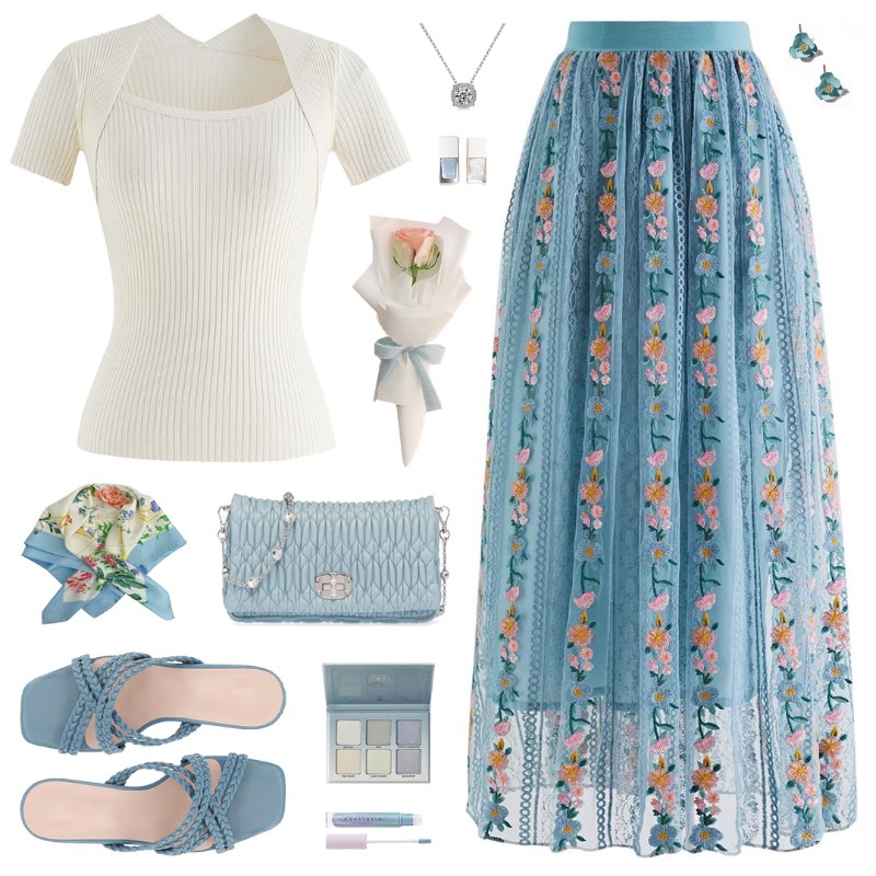 Flower Chain Embroidered Mesh Skirt in Dusty Blue - Retro, Indie and Unique  Fashion